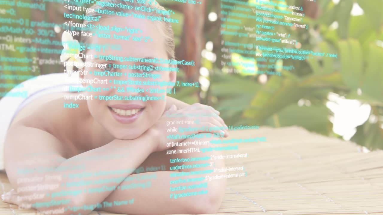 Woman lying on spa table, timer hitting one second launching JS overlay blending code with foliage