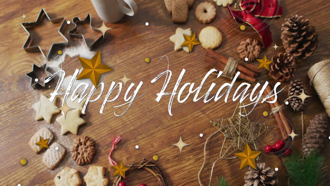 Animation of happy holidays text over stars and christmas cookies