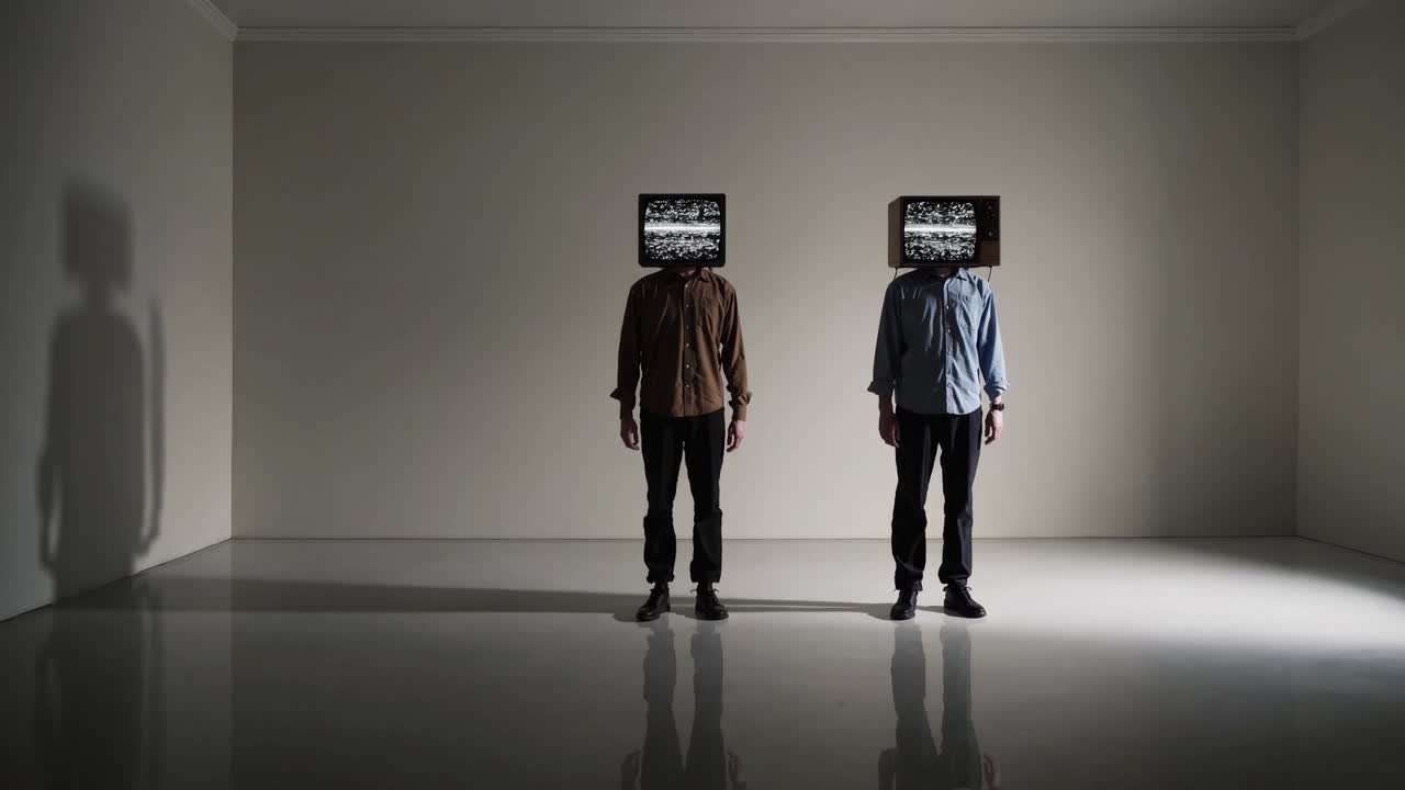 Two individuals with television screens for heads stand in a minimalist room, showcasing a surreal scene that explores identity and technology through visual storytelling
