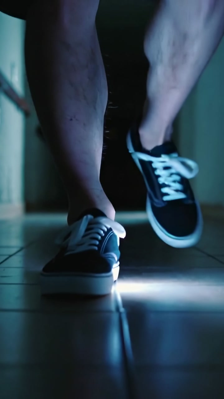 Vertical video: LED flashing underfoot, man walking to camera down tiled hall in shorts, sneakers