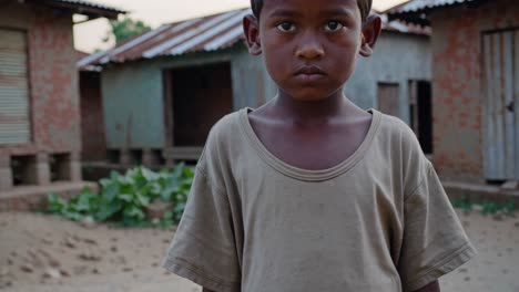 young bangladeshi boy standing in front of a rural village, wearing a simple t shirt and looking directly at the camera with a serious expression