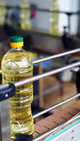 industry of producing natural cooking oil. packed bottles of refined oil moving on a conveyor. interior of contemporary sunflower factory. vertical video