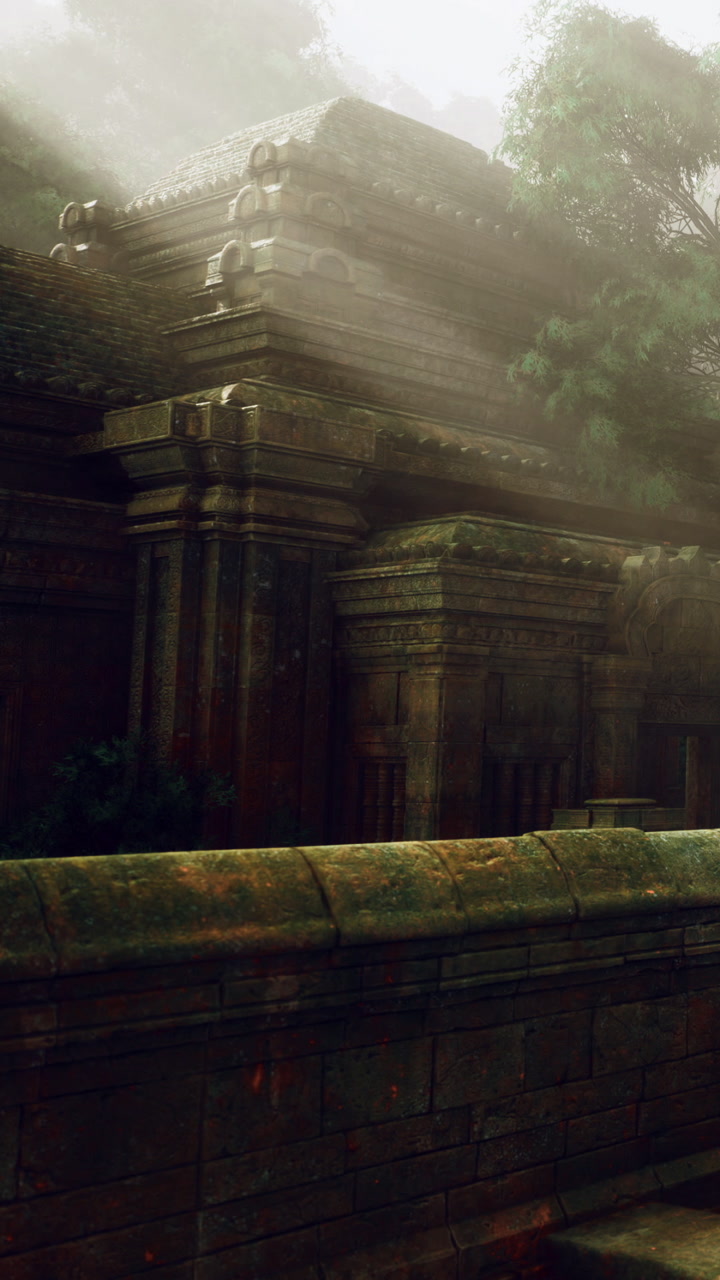 Ancient stone structure in a misty forest scene during morning light