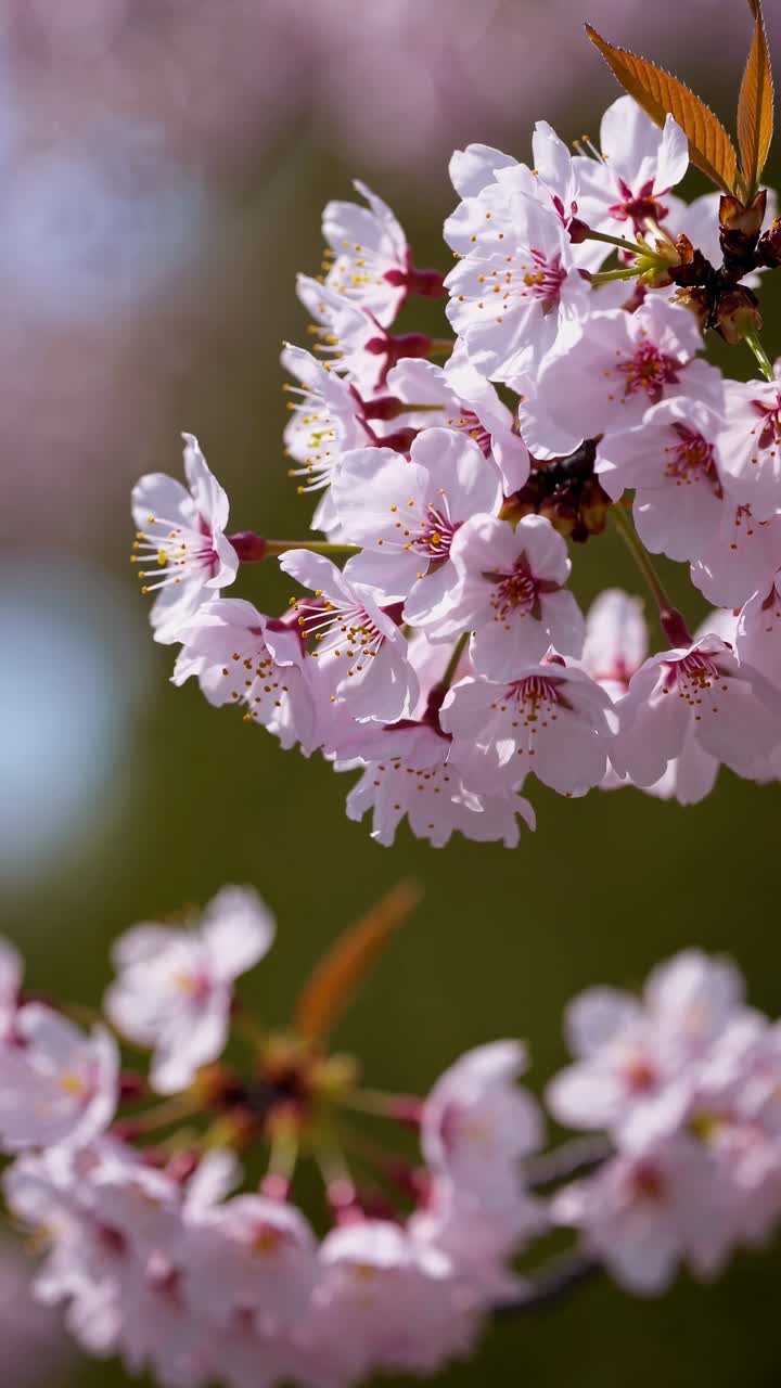 Close-up video shot of cherry blossoms, capturing delicate pink petals against a blurred background