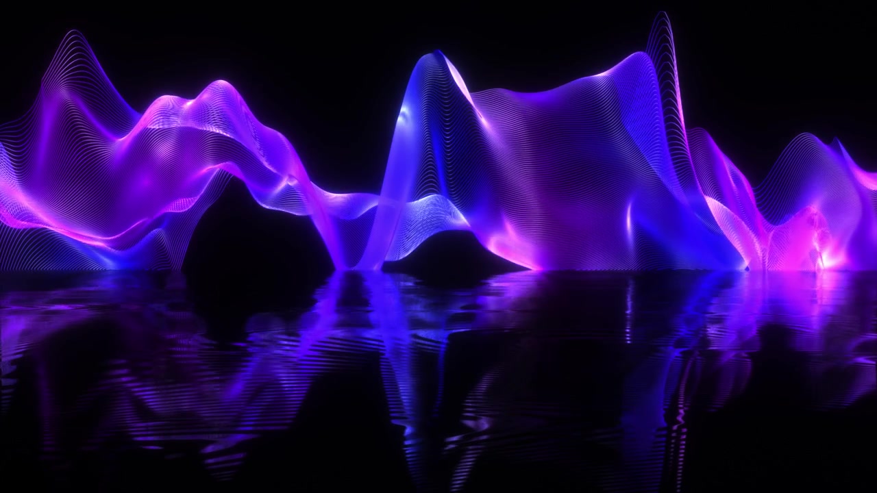 Abstract Glowing Purple and Blue Waves Reflecting in Dark Water