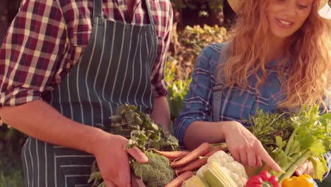 happy couple with box of vegetables