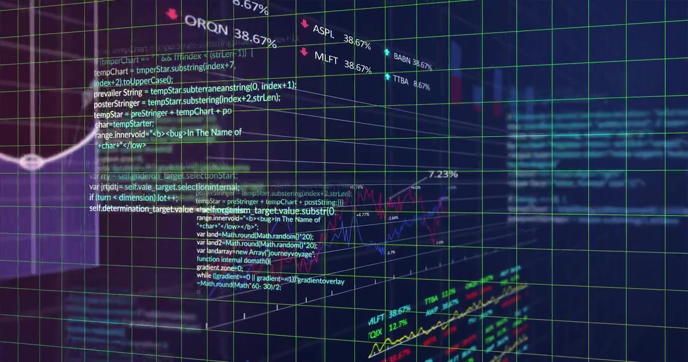 Green wireframe grid panning while camera sweep triggers code panels sliding, revealing analytics