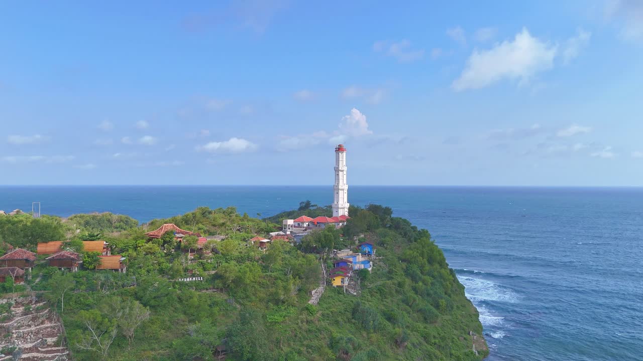 High-resolution aerial view of a lighthouse complex on a coastal headland, surrounded by natural scenery and sea horizon under blue sky. Baron Beach, Indonesia