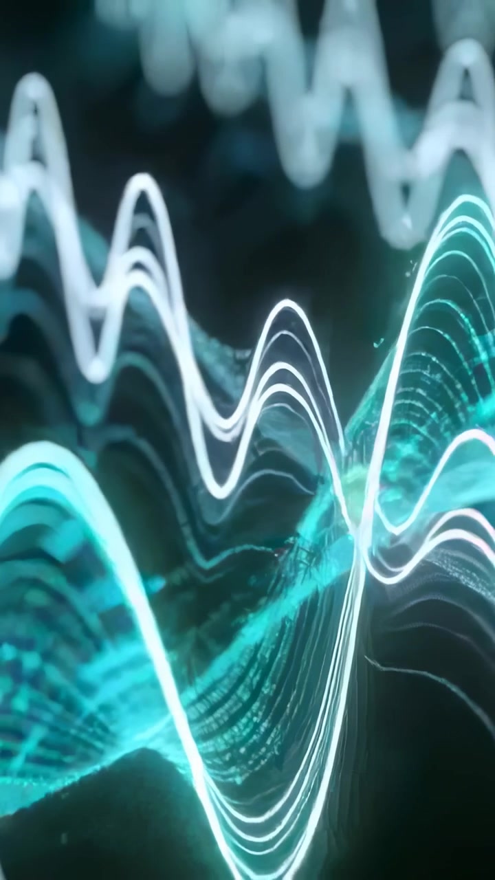 Vertical video: Animating neon waveform shifting right on void, dotted mesh with sparkles for audio