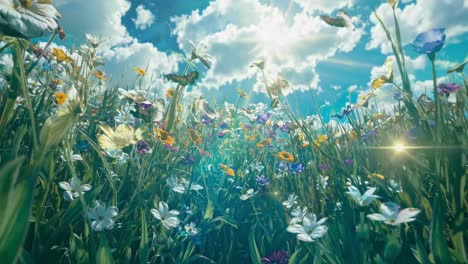 low-angle video still of a vibrant wildflower meadow with butterflies under a bright blue sky