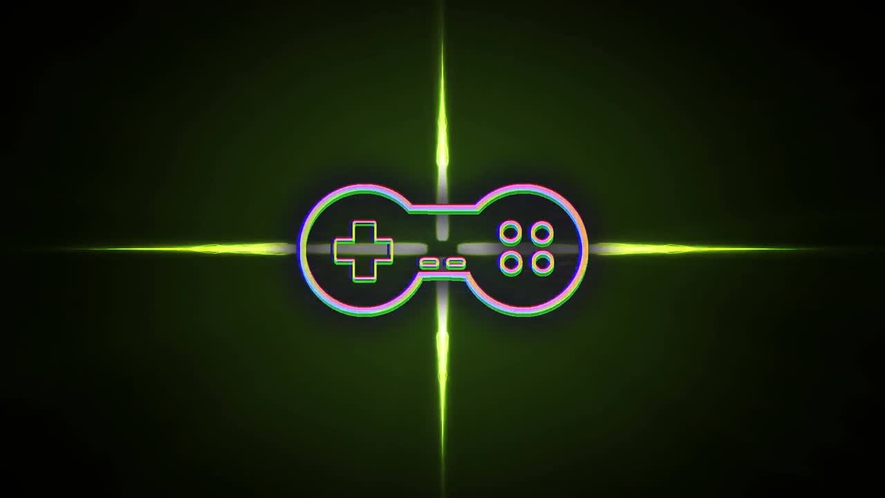 녹색 배경에 반이는 녹색 십자가 위에 비디오 게임 콘솔의 애니메이션