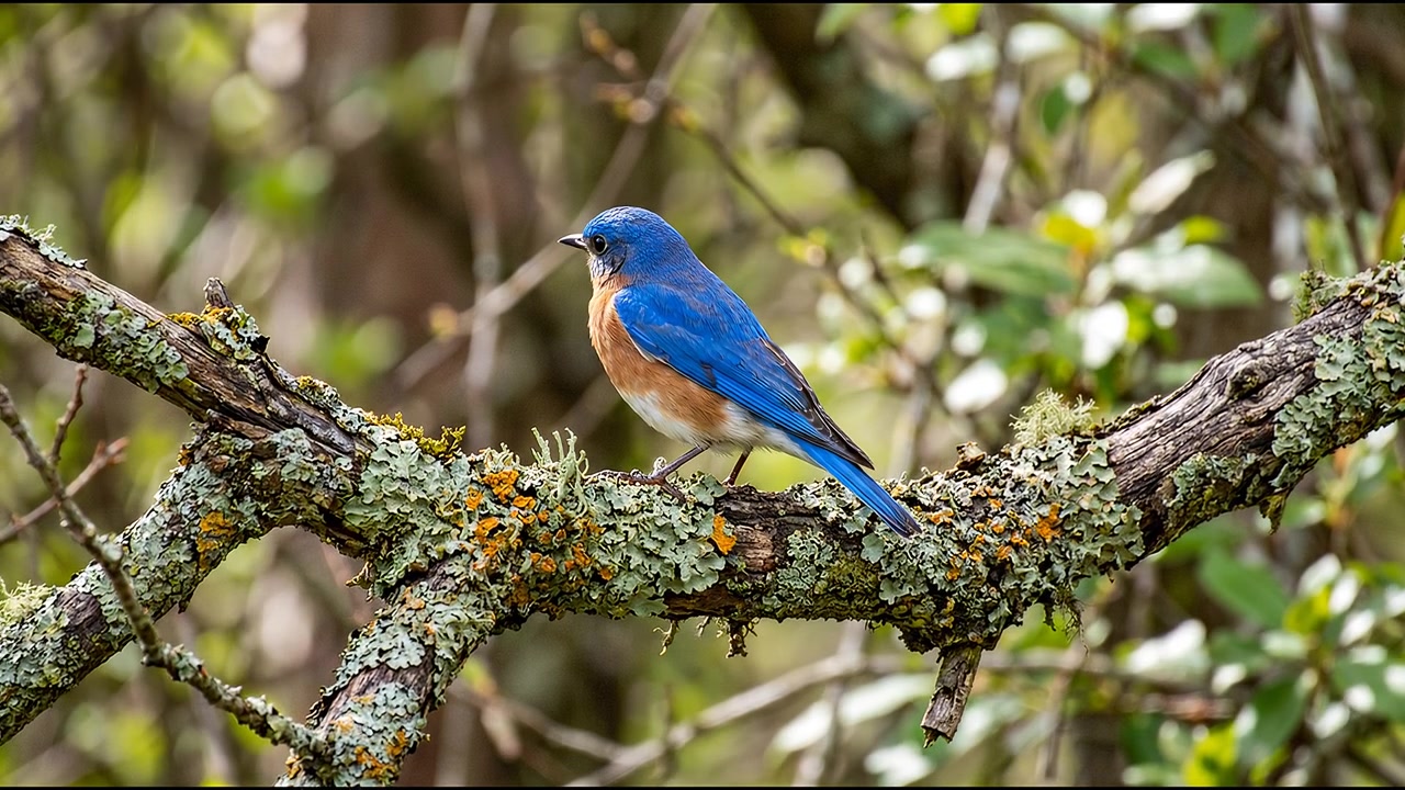 Uccello azzurro orientale appollaiato su un ramo in un ambiente boschivo naturale, filmato di fauna selvatica generato da IA