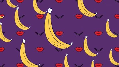 Animation-Von-Lippen--Und-Bananensymbolen-Auf-Violettem-Hintergrund