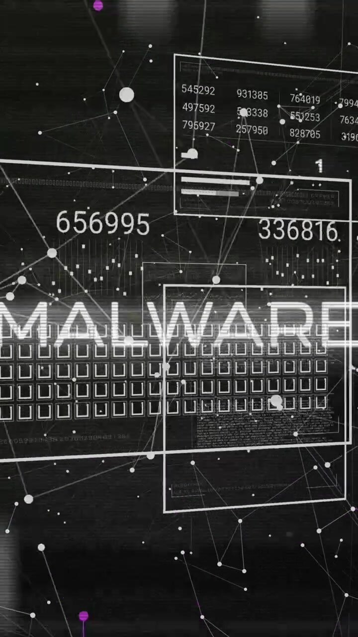 Animazione di testo malware, barre di caricamento, numeri che cambiano su punti collegati su sfondo nero