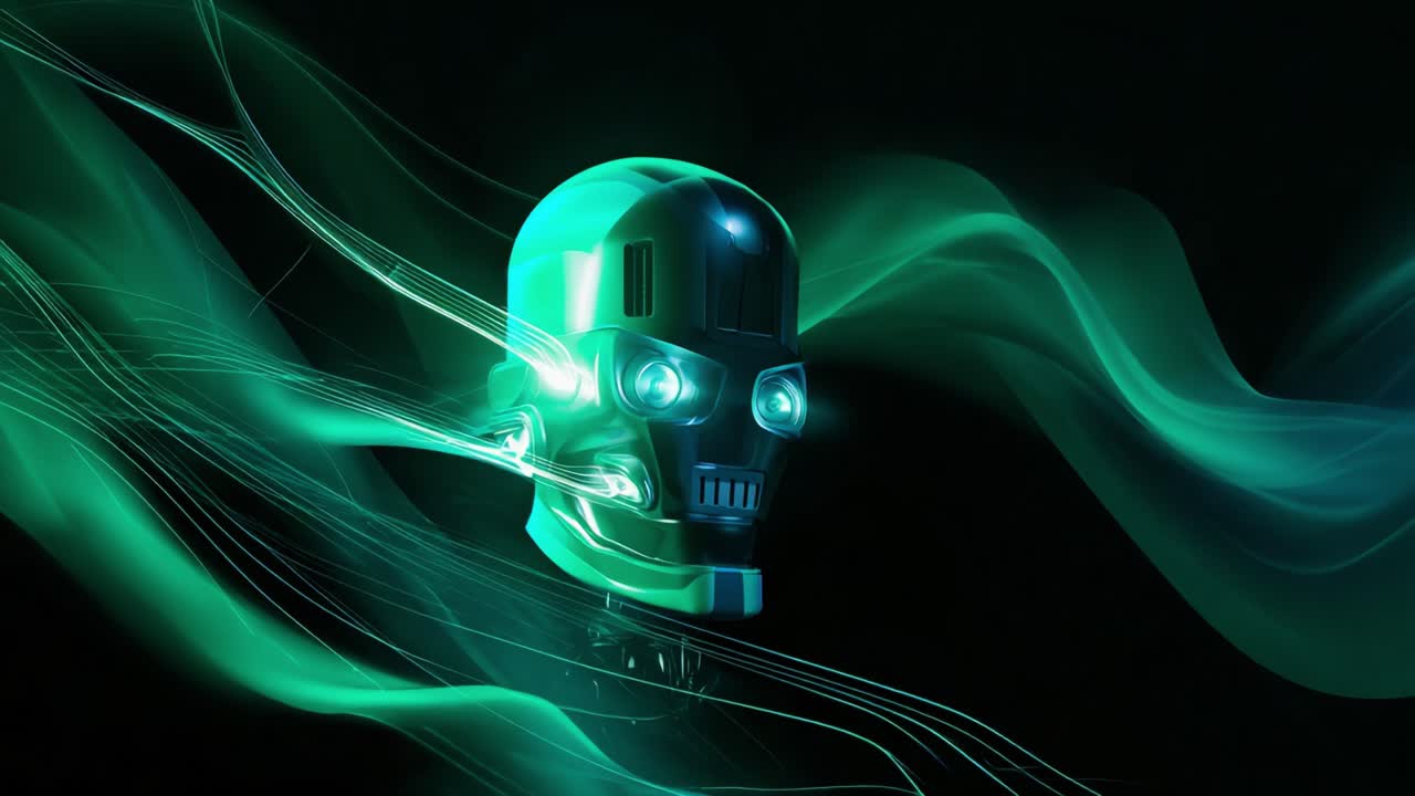 Artificial intelligence robot head analyzing data with glowing green energy streams flowing on a dark background, representing futuristic technology, machine learning, and cyberspace concepts