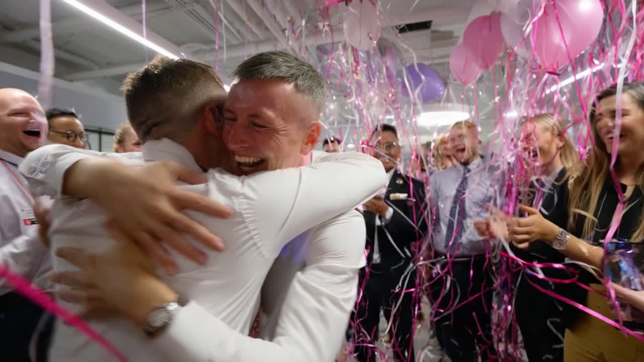 Momento de celebración: amigos abrazándose alegremente rodeados de adornos de fiesta, confeti y globos festivos en un ambiente emocionante de felicidad y logros