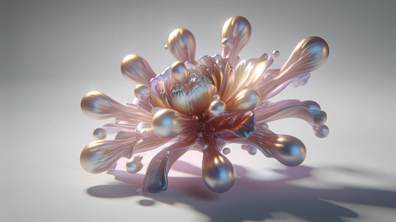 Shifting light causing iridescent bloom deforming into droplets on pale matte tabletop