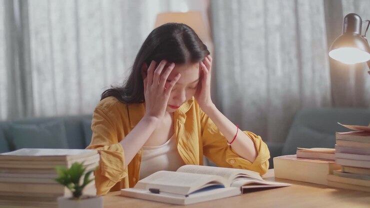 Young Asian Female Studying At Home Having A Headache While Reading Books On The Table