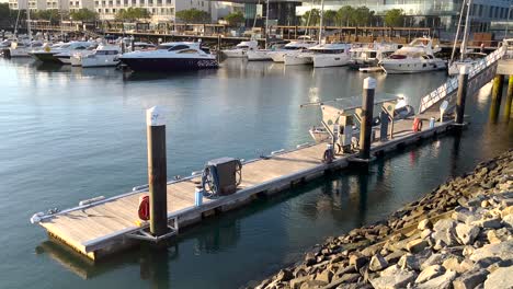 luxurious marina at a beautiful sunrise, devoid of people but filled with numerous boats