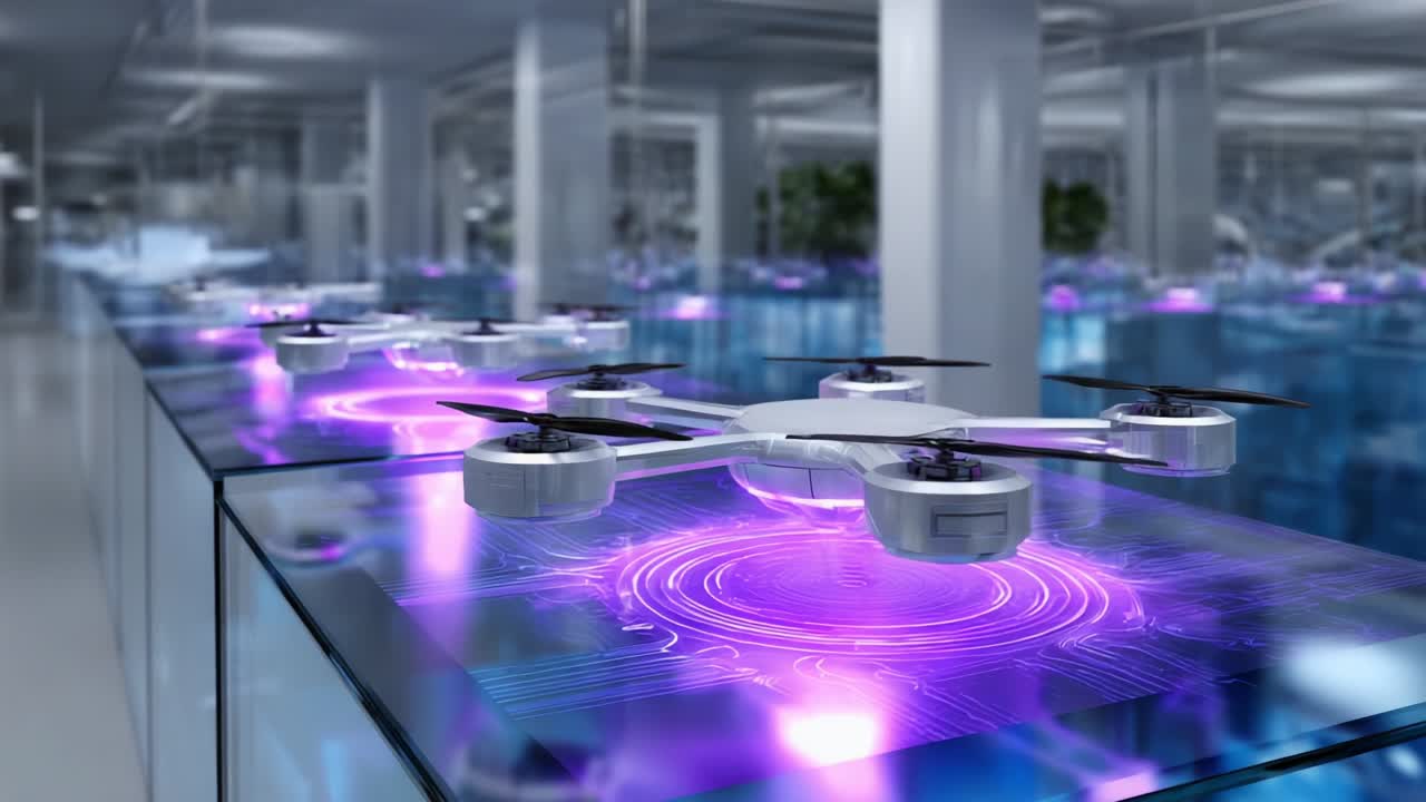 Futuristic Drones Hovering Over Glowing Circuits in a High-Tech Laboratory: Exploring the Intersection of Advanced Robotics and Cutting-Edge Technology in a Modern, Dynamic Environment