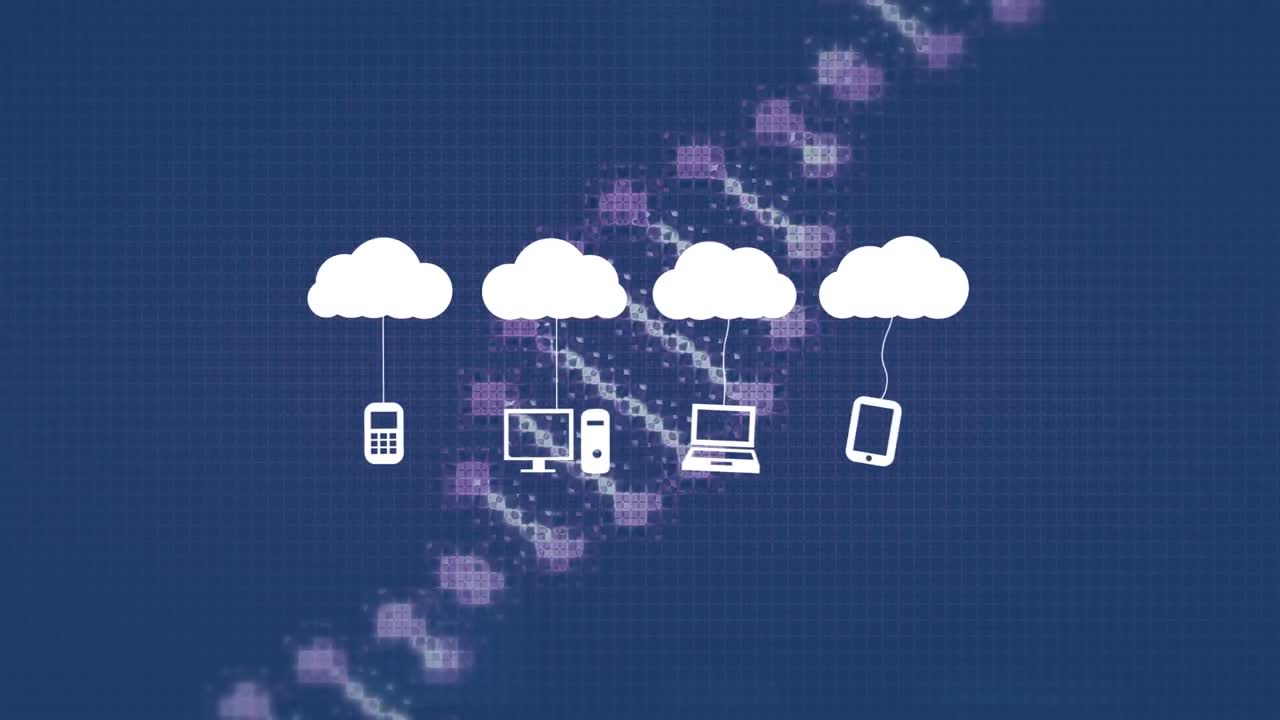 animación de nubes con iconos sobre gráfico y cadena de adn