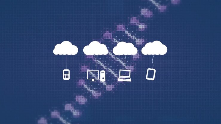 Animation of clouds with icons over graph and dna strand