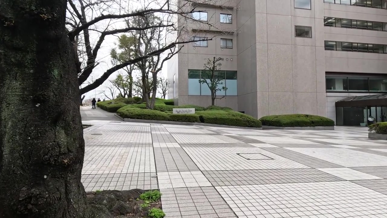 Ampia panoramica di un moderno edificio per uffici e una piazza piastrellata a Tokyo, Giappone