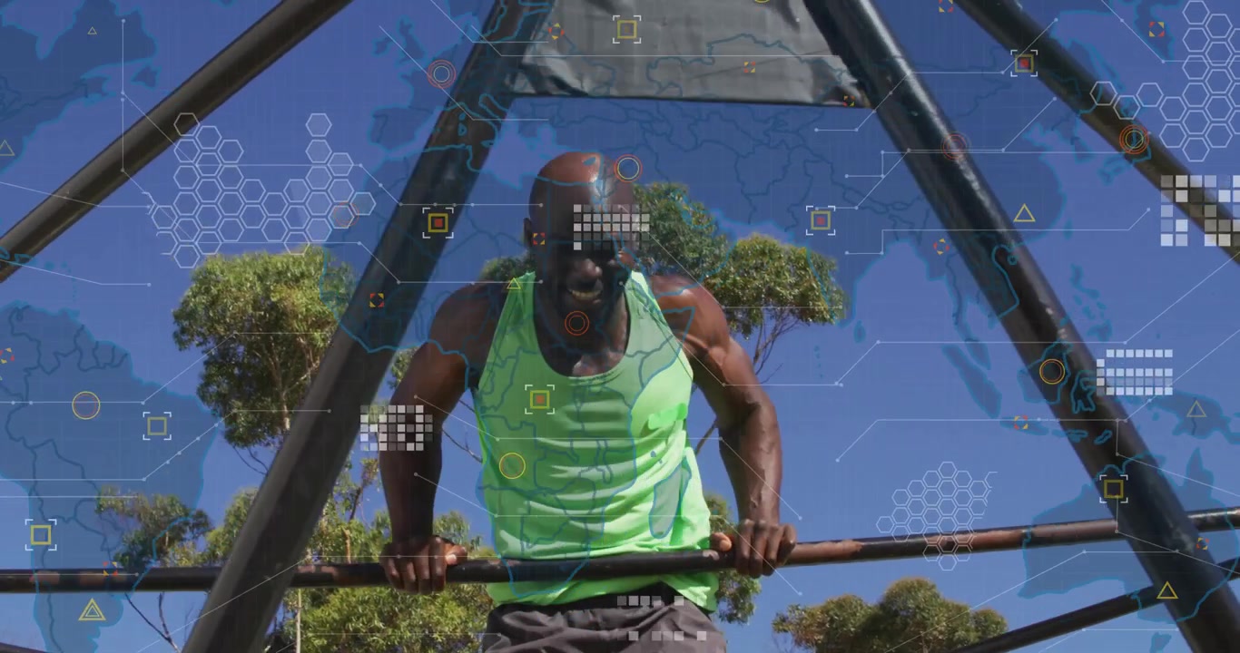 Man gripping bar and initiating data overlay with nodes while lowering body for fitness tracking
