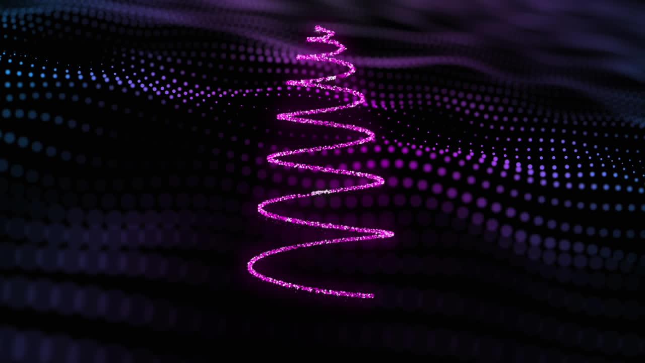 Animation of spiraling pink firework forming christmas tree shape over pink dots on black background