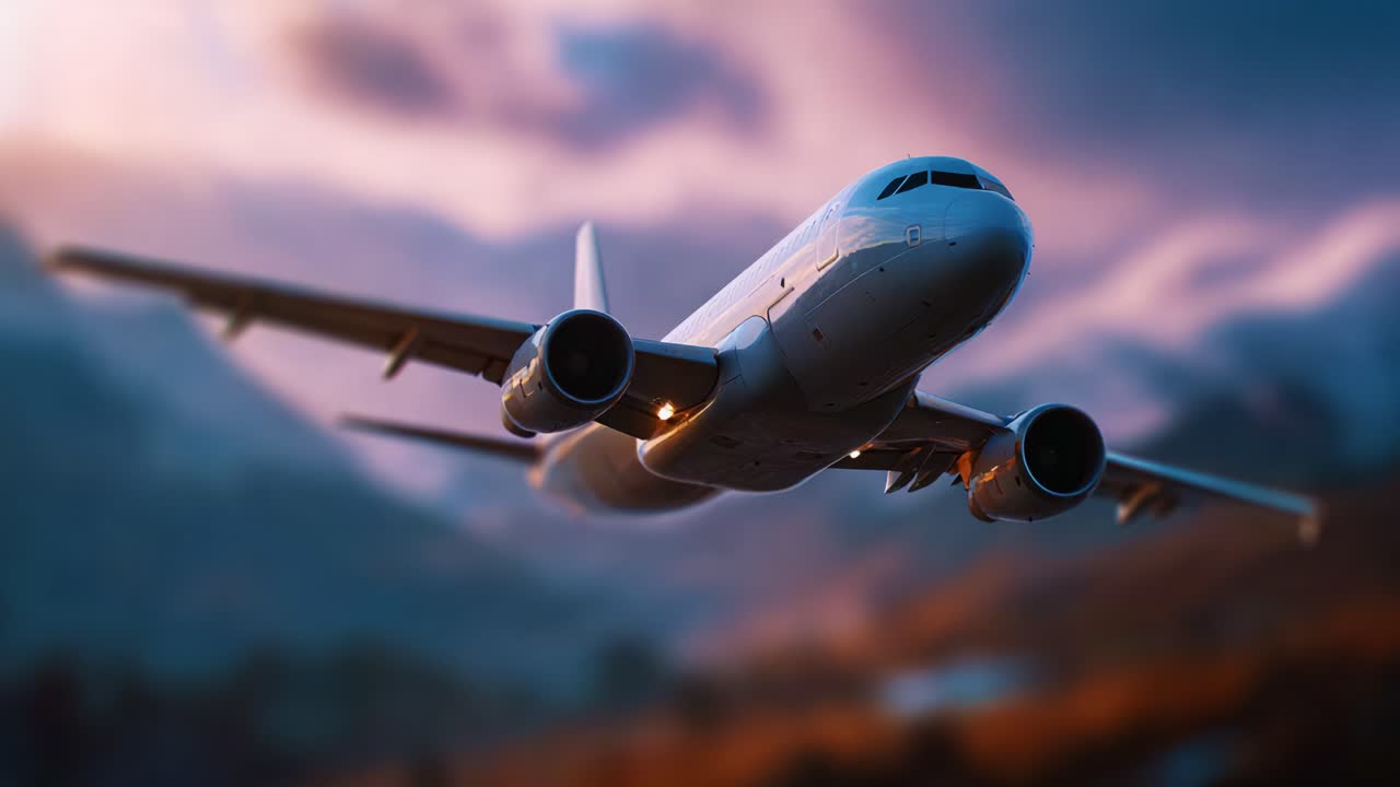 Uno straordinario primo piano di un aereo in volo con un meraviglioso cielo crepuscolare che esalta la bellezza dell'aviazione e lo spirito del viaggio e dell'avventura