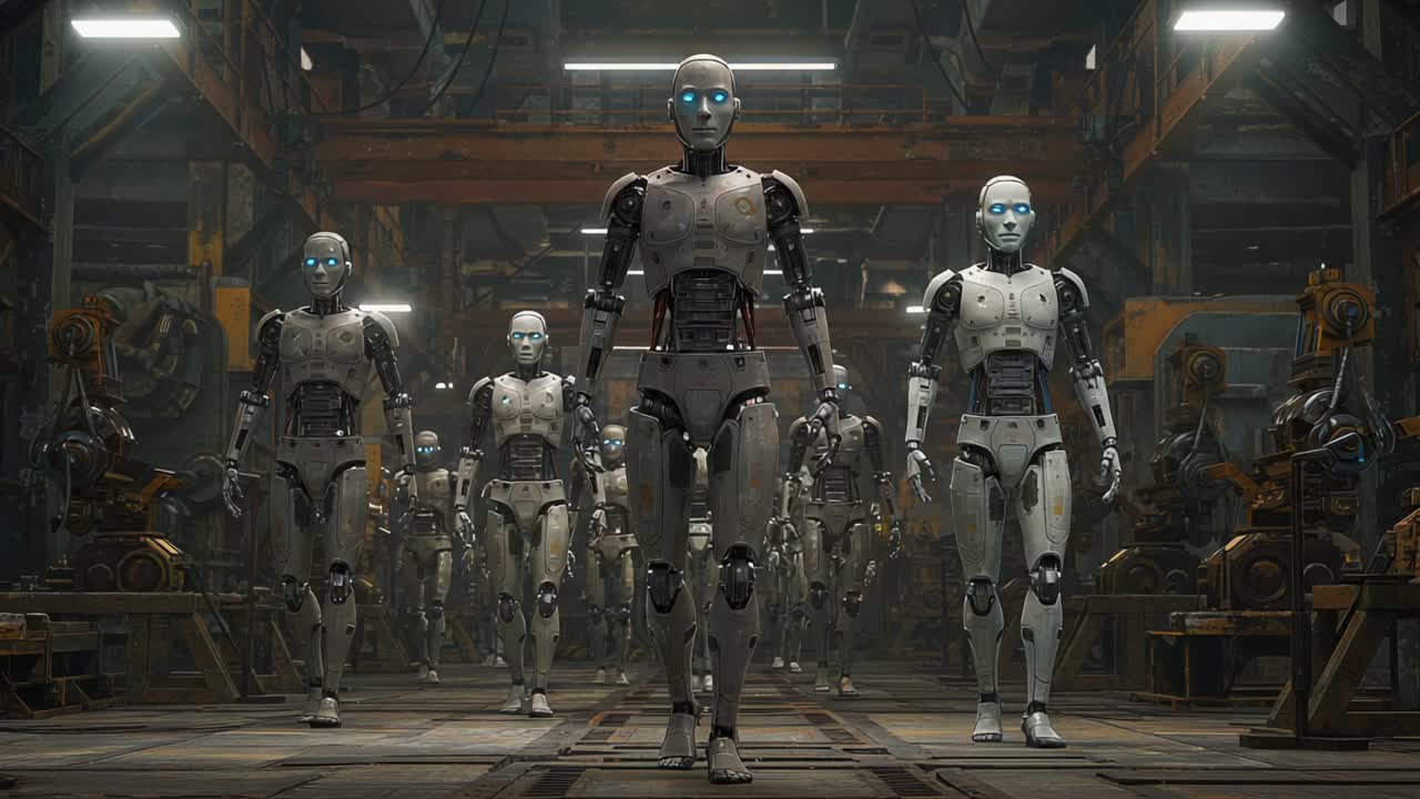 A mesmerizing assembly of humanoid robots in a dimly lit industrial space, showcasing advanced technology with luminous blue eyes, marching in synchronized movement towards an uncertain future