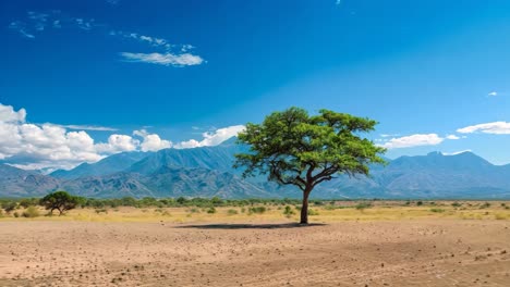 a lone tree in the middle of a desert with mountains in the background