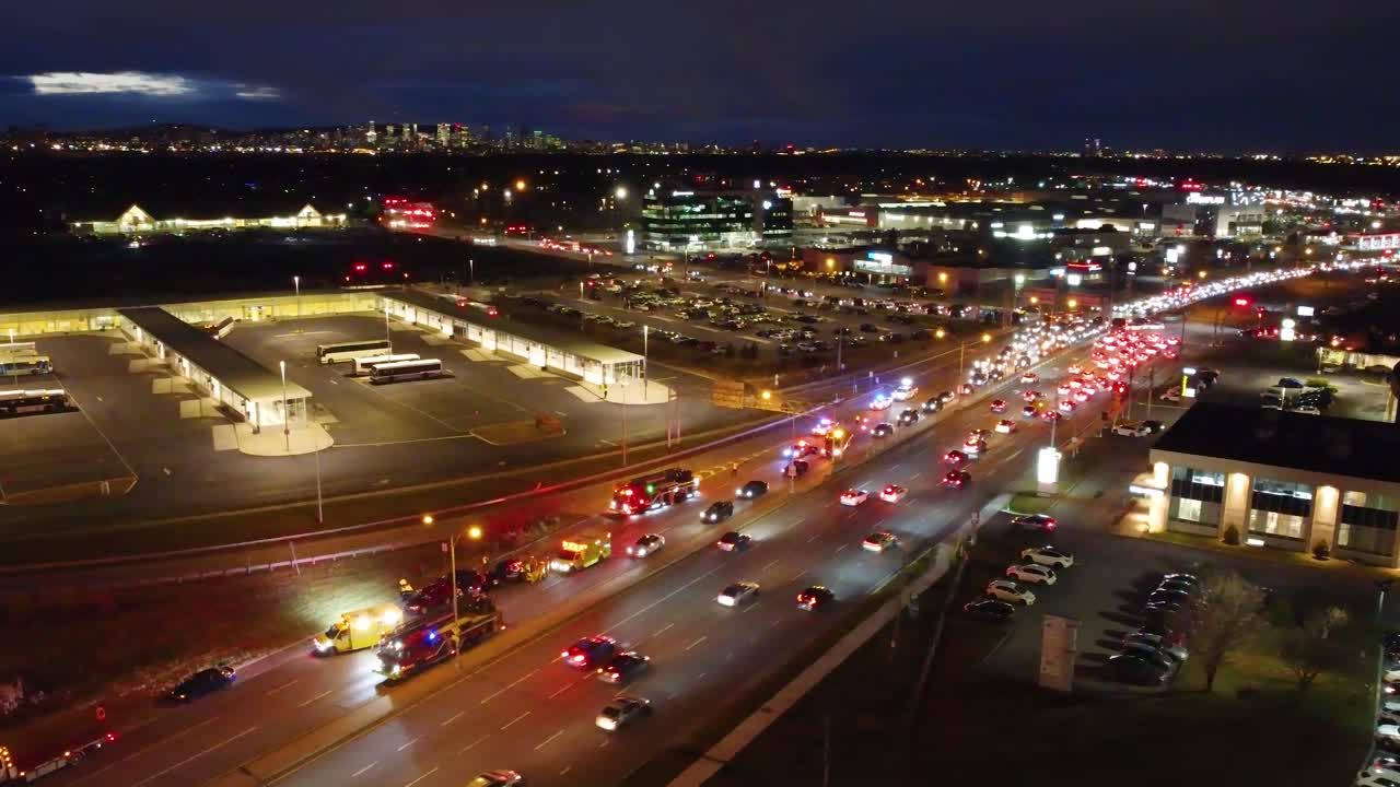 Nighttime Highway Car Crash with Emergency Vehicles in Brossard, Canada