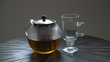 Nice-shot-of-tea-and-glass-on-table-of-Cerasee-kerala-bitter-melon-plant-with-kerala-hanging-from-vines-used-to-make-herbal-healthy-tea-good-for-weight-loss