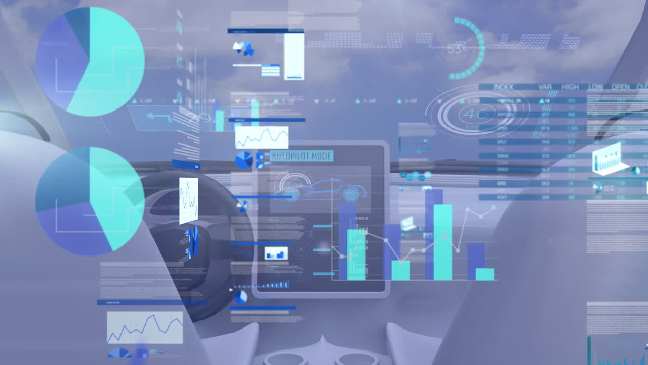 Animation of statistical data processing over interior of a car flying in the sky