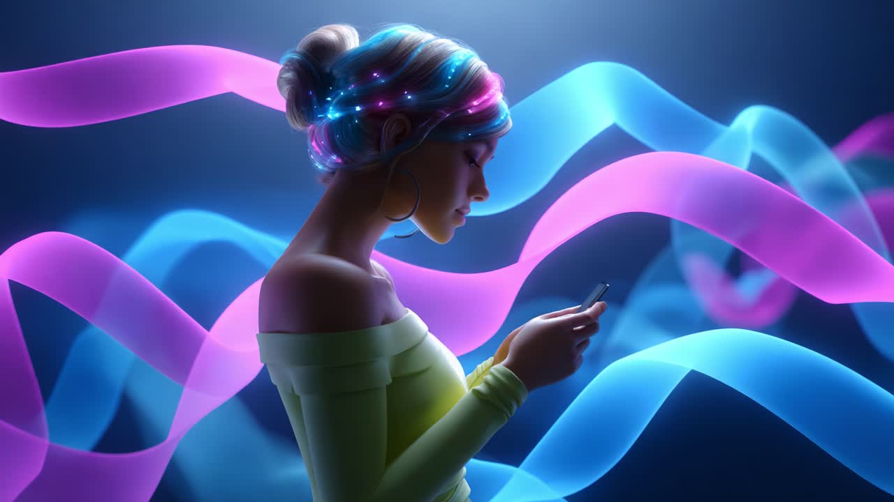 A Young Woman with Colorful Hair Engrossed in Her Smartphone, Surrounded by Vibrant Pink and Blue Waves of Light, Illustrating the Fusion of Technology and Creativity in a Striking Visual Representation