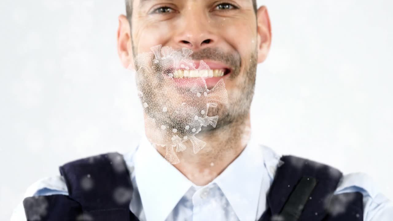 video compuesto digital de células de covid-19 moviéndose contra el hombre mirando a la cámara y sonriendo