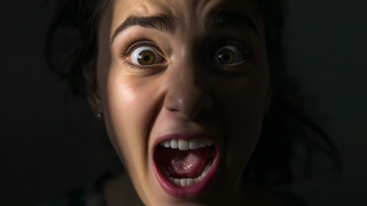 Donna che reagisce aprendo e restringendo la bocca in uno studio buio, mentre un sottile fascio di luce le colpisce il viso, mostrando le spalline