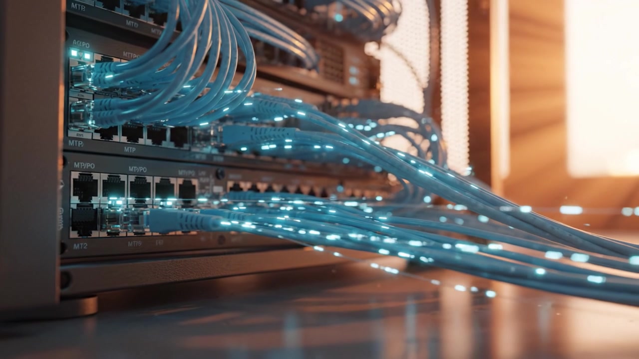 Dynamic Data Connections: A Close-Up Look at High-Speed Fiber Optic Cables and Network Systems in a Modern Server Environment with Glowing Highlights