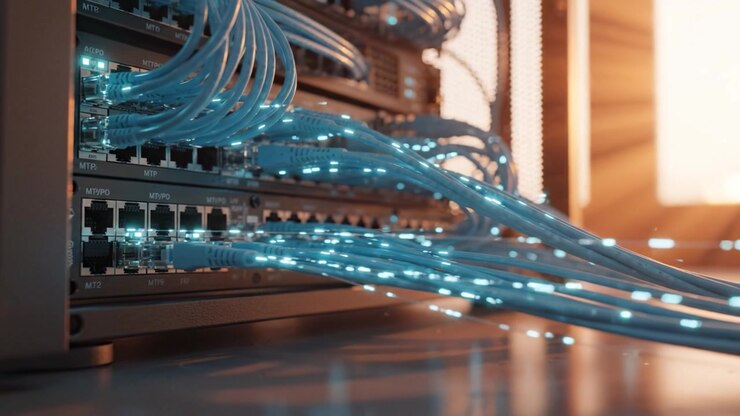 Dynamic Data Connections: A Close-Up Look at High-Speed Fiber Optic Cables and Network Systems in a Modern Server Environment with Glowing Highlights