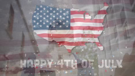 Animation-of-happy-4th-of-july-text-and-flag-of-usa-over-biracial-woman