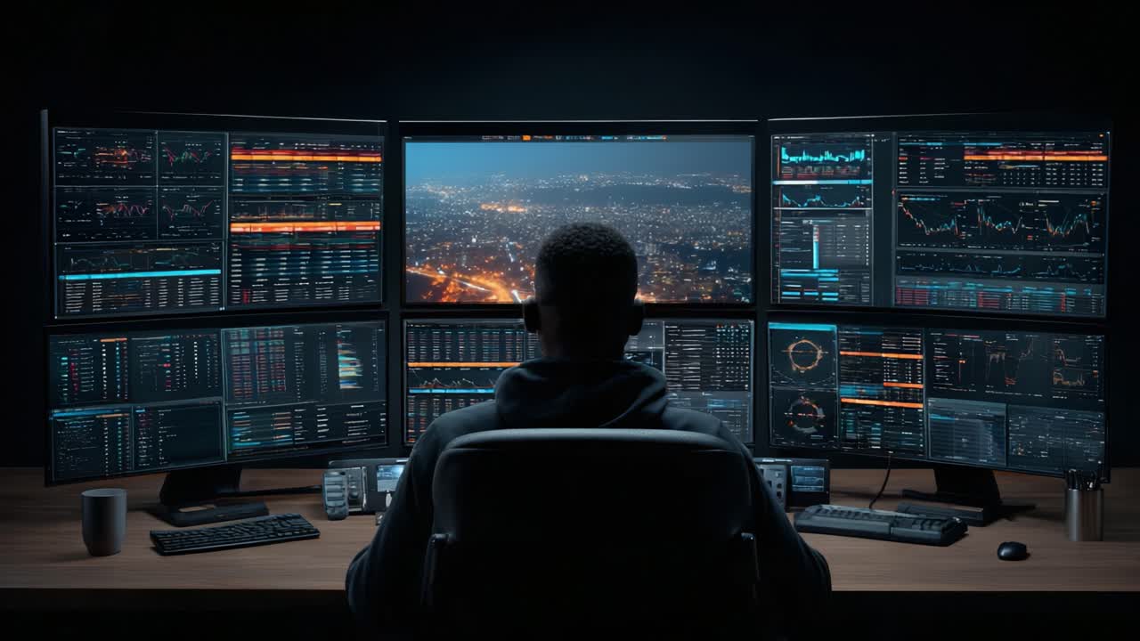 Expert Analyst Engaged in Data Evaluation Surrounded by Multiple High-Resolution Monitors Displaying Complex Financial and Statistical Information Under Soft Ambient Lighting