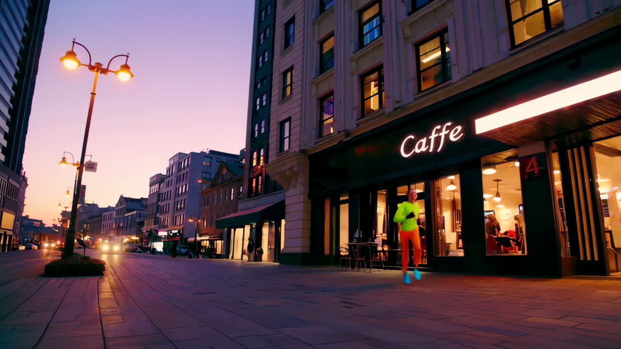 City Street at Night with Runner and Cafe