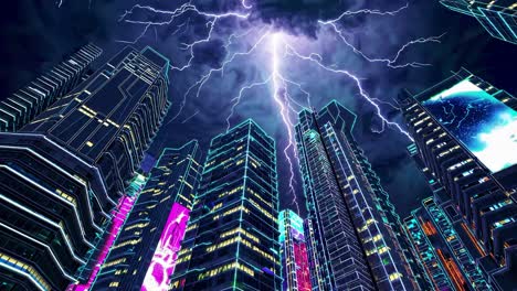 futuristic cityscape under a storm