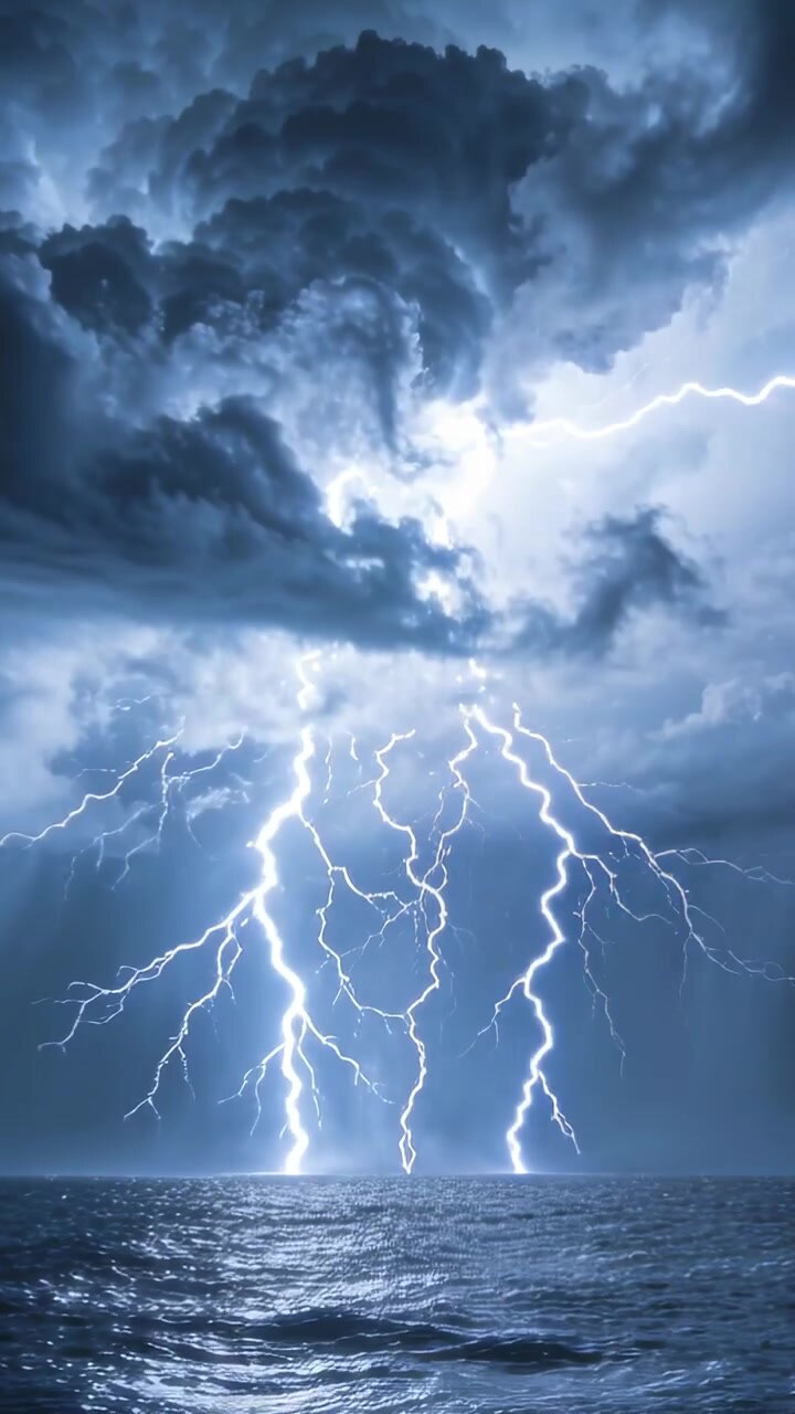 Video verticale: Nuvola temporalesca che rilascia fulmini ramificati sull'oceano aperto al crepuscolo, riflettendo le onde.