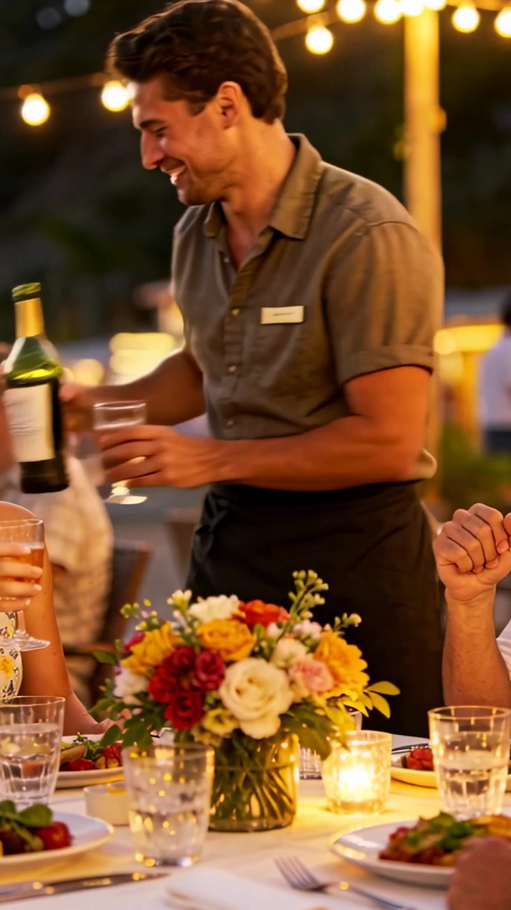 Vertical video: Approaching server pouring wine from bottle for diners at patio, wearing tag, apron