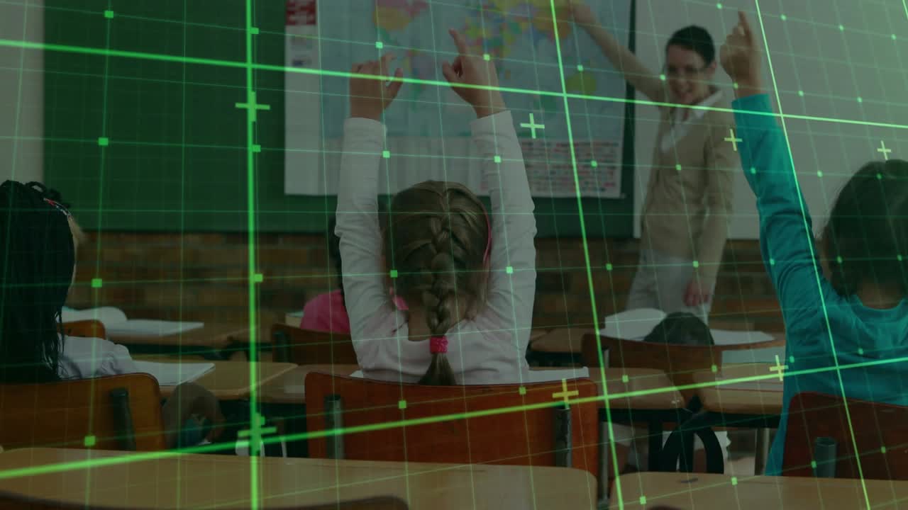 educational instructor sweeping pointer across map asking quiz encouraging students raising hands