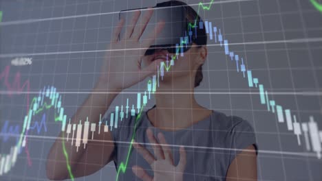 animación del procesamiento de datos financieros sobre una mujer de negocios usando auriculares vr