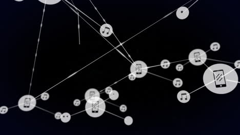 Animation of network of connections with icons on black background