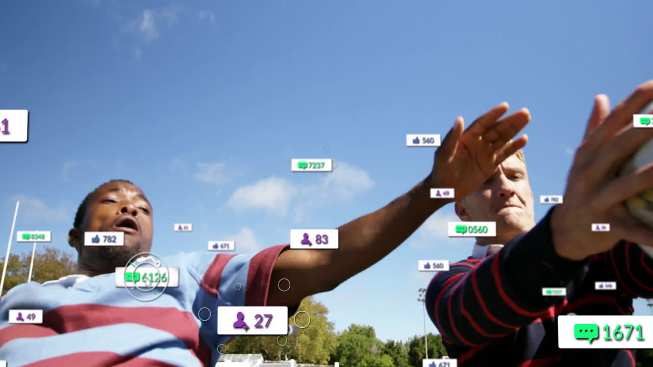 High-fiving, two people with social media notifications overlaying animation scene